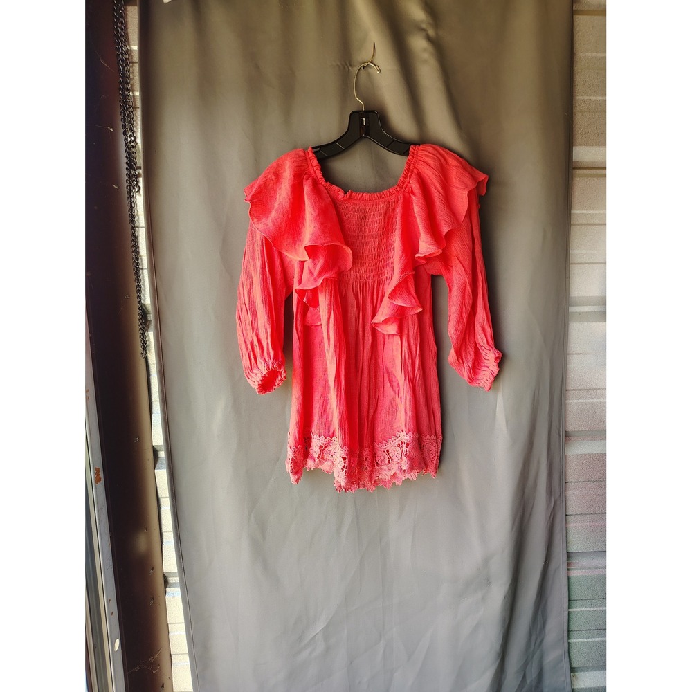 She + Sky Coral Pink Ruffle Off‎ Shoulder Lace Trim Blouse Top Large NEW